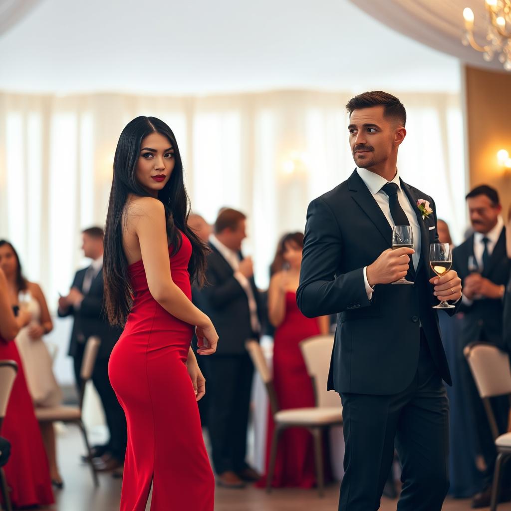 A tall, slender model-like woman with fair skin and long black hair that is straight with subtle waves, wearing black heels and a figure-hugging red dress, accentuating her striking deep dark black eyes