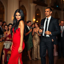 A tall, slender model-like woman with fair skin and long black hair that is straight with subtle waves, wearing black heels and a figure-hugging red dress, accentuating her striking deep dark black eyes