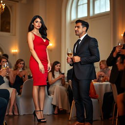 A tall, slender, model-like woman with fair skin and long, slightly wavy black hair, wearing black heels and a fitted red dress, with striking deep black eyes