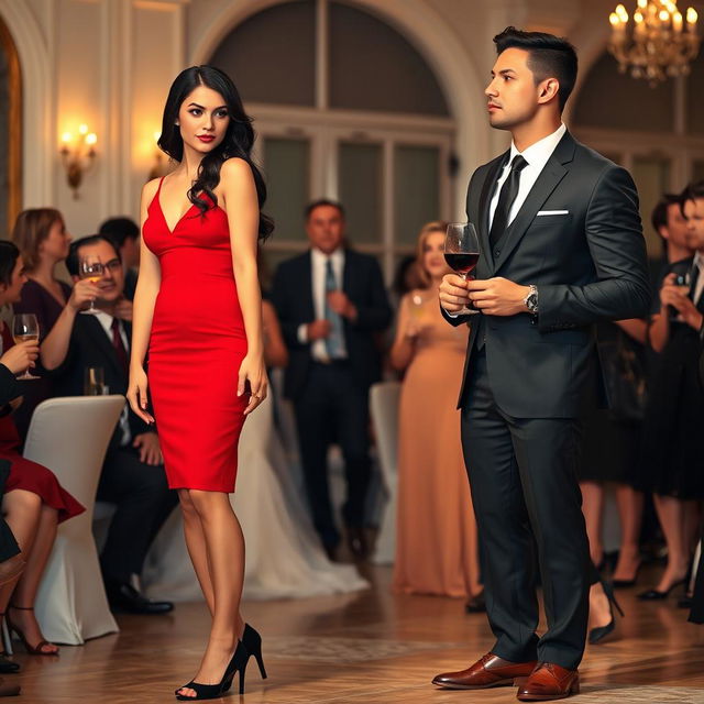 A tall, slender, model-like woman with fair skin and long, slightly wavy black hair, wearing black heels and a fitted red dress, with striking deep black eyes