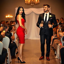 A tall, slender, model-like woman with fair skin and long, slightly wavy black hair, wearing black heels and a fitted red dress, with striking deep black eyes