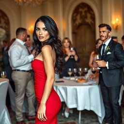 A tall, slender, model-like woman with fair skin and long, slightly wavy black hair, wearing black heels and a fitted red dress, with striking deep black eyes