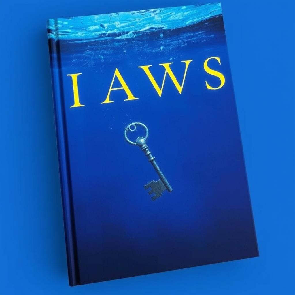 A blue book cover with a tilted metal key deep beneath the water's surface