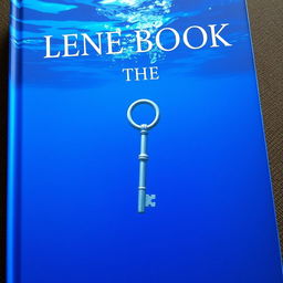 A blue book cover with a tilted metal key deep beneath the water's surface