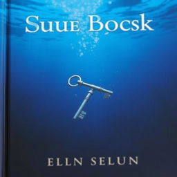 A blue book cover with a tilted metal key deep beneath the water's surface