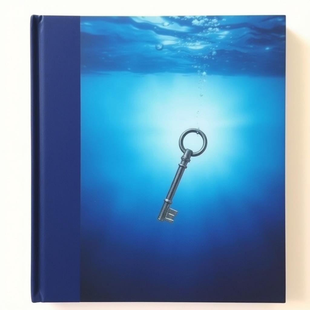 A blue book cover with a tilted metal key deep beneath the water's surface