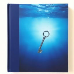 A blue book cover with a tilted metal key deep beneath the water's surface