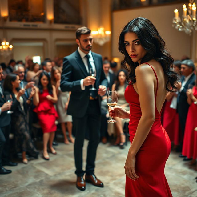 A tall, slender model-like woman with fair skin and long, slightly wavy black hair, wearing black heels and a form-fitting red dress, highlighting her striking deep dark black eyes