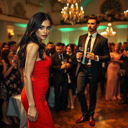 A tall, slender model-like woman with fair skin and long, slightly wavy black hair, wearing black heels and a form-fitting red dress, highlighting her striking deep dark black eyes