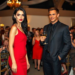 A tall, slender model-like woman with fair skin and long slightly wavy black hair, wearing black heels and a fitted red dress, highlighting her striking deep black eyes