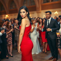 A tall, slender model-like woman with fair skin and long slightly wavy black hair, wearing black heels and a fitted red dress, highlighting her striking deep black eyes