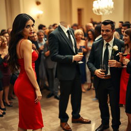 A tall, slender model-like woman with fair skin and long slightly wavy black hair, wearing black heels and a fitted red dress, highlighting her striking deep black eyes