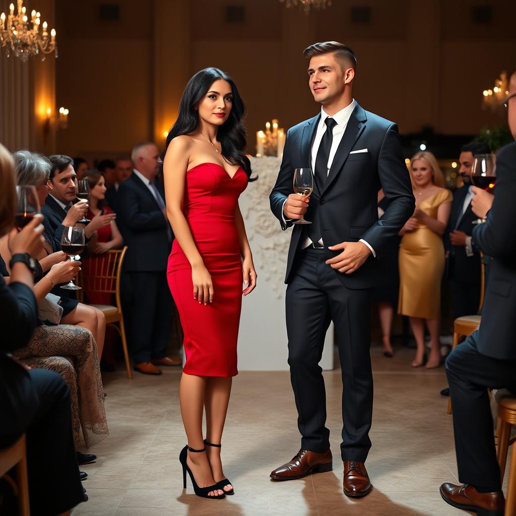 A tall, slender, model-like woman with fair skin and long, slightly wavy black hair, wearing black heels and a fitted red dress, with striking deep black eyes