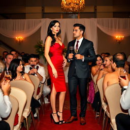 A tall, slender, model-like woman with fair skin and long, slightly wavy black hair, wearing black heels and a fitted red dress, with striking deep black eyes