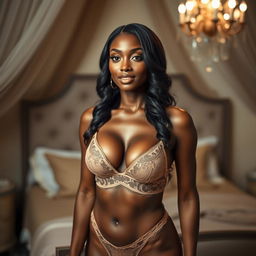 A sexy black woman in elegant lingerie, showcasing her confidence and allure