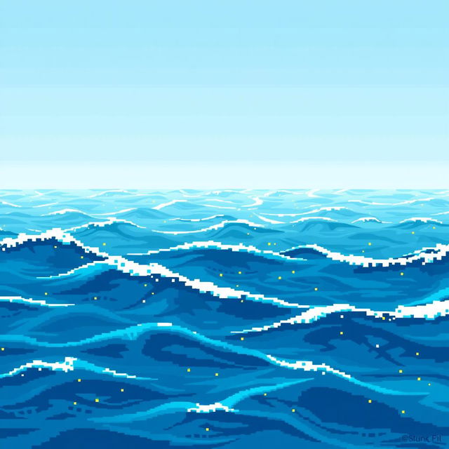 A pixel art representation of the sea, focusing on a 34x34 pixel grid, with varying shades of blue and turquoise waves under a bright, sunny sky