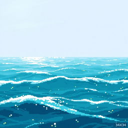 A pixel art representation of the sea, focusing on a 34x34 pixel grid, with varying shades of blue and turquoise waves under a bright, sunny sky