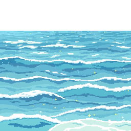 A pixel art representation of the sea, focusing on a 34x34 pixel grid, with varying shades of blue and turquoise waves under a bright, sunny sky