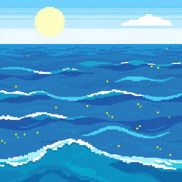 A pixel art representation of the sea, focusing on a 34x34 pixel grid, with varying shades of blue and turquoise waves under a bright, sunny sky