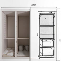 Generate an optimized interior design for a 12x12 bedroom with minimal storage, focusing on a favorable position for an iron almirah, while eliminating the need for a trunk.