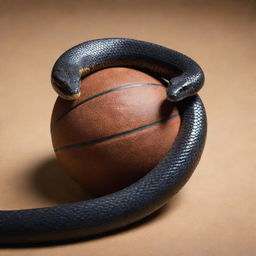 A powerful and elegant Black Mamba snake coiled around a basketball displaying a striking contrast