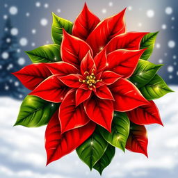 An elegant illustration of a beautifully adorned Christmas poinsettia, vividly showcasing its bright red petals and lush green leaves