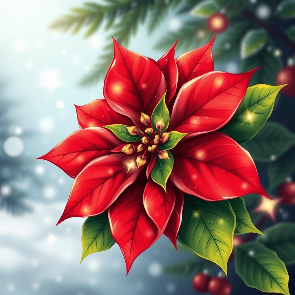 An elegant illustration of a beautifully adorned Christmas poinsettia, vividly showcasing its bright red petals and lush green leaves