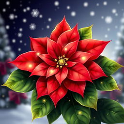 An elegant illustration of a beautifully adorned Christmas poinsettia, vividly showcasing its bright red petals and lush green leaves