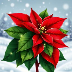 An elegant illustration of a beautifully adorned Christmas poinsettia, vividly showcasing its bright red petals and lush green leaves