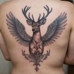 An elegant emblem-style tattoo featuring a majestic deer with intricate wings unfurled out in a grace.