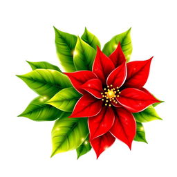 An elegant illustration of a beautifully adorned Christmas poinsettia, vividly showcasing its bright red petals and lush green leaves