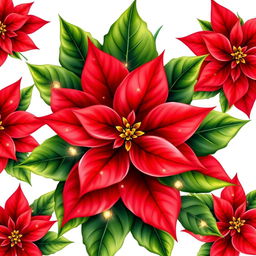 An elegant illustration of a beautifully adorned Christmas poinsettia, vividly showcasing its bright red petals and lush green leaves