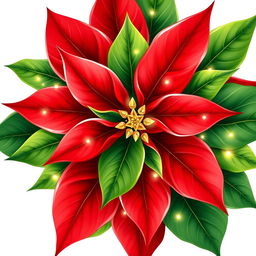 An elegant illustration of a beautifully adorned Christmas poinsettia, vividly showcasing its bright red petals and lush green leaves