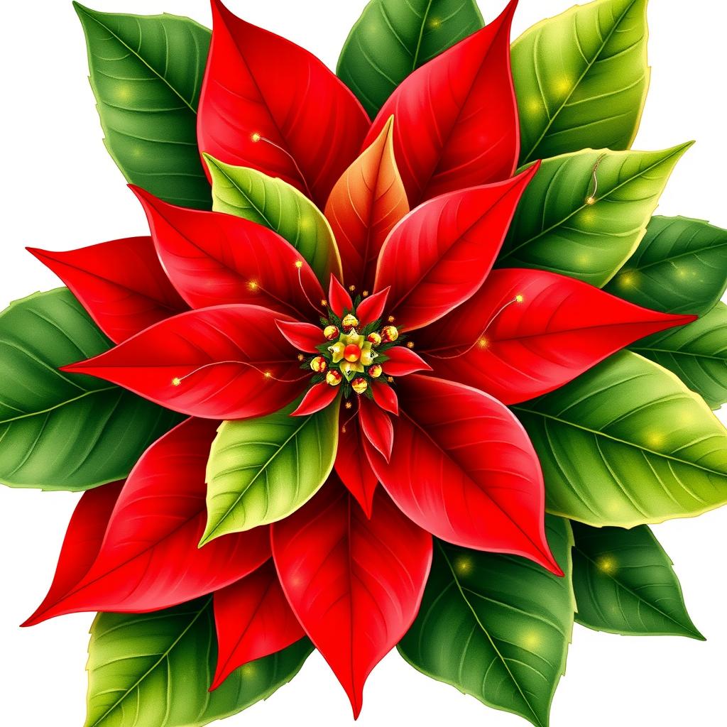 An elegant illustration of a beautifully adorned Christmas poinsettia, vividly showcasing its bright red petals and lush green leaves