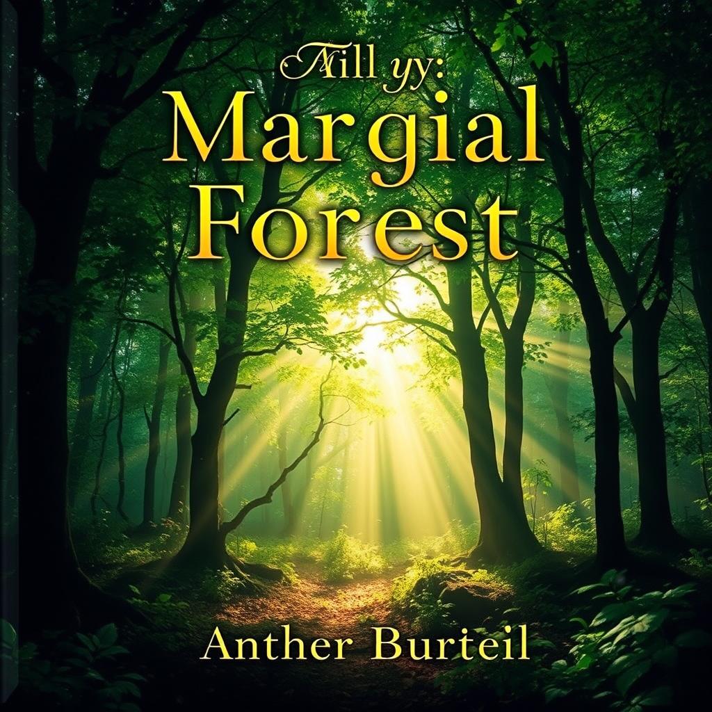 Create a captivating book cover that features a mysterious and magical forest, where the sunlight filters through lush green trees, casting enchanting shadows on the forest floor