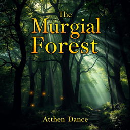 Create a captivating book cover that features a mysterious and magical forest, where the sunlight filters through lush green trees, casting enchanting shadows on the forest floor