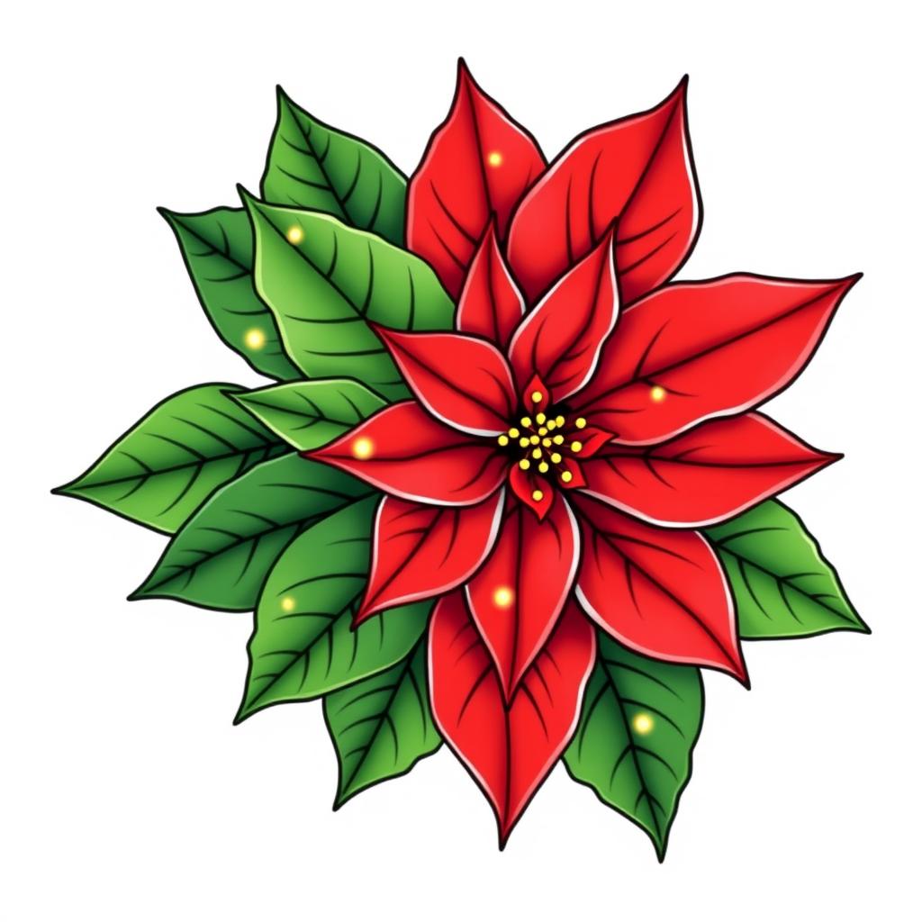 An elegant illustration of a beautifully adorned Christmas poinsettia, emphasizing its bright red petals and lush green leaves with clearly defined contours