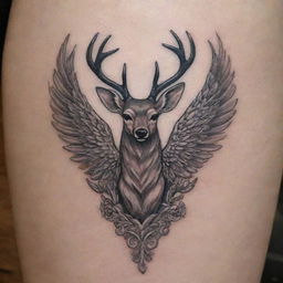 An elegant emblem-style tattoo featuring a majestic deer with intricate wings unfurled out in a grace.