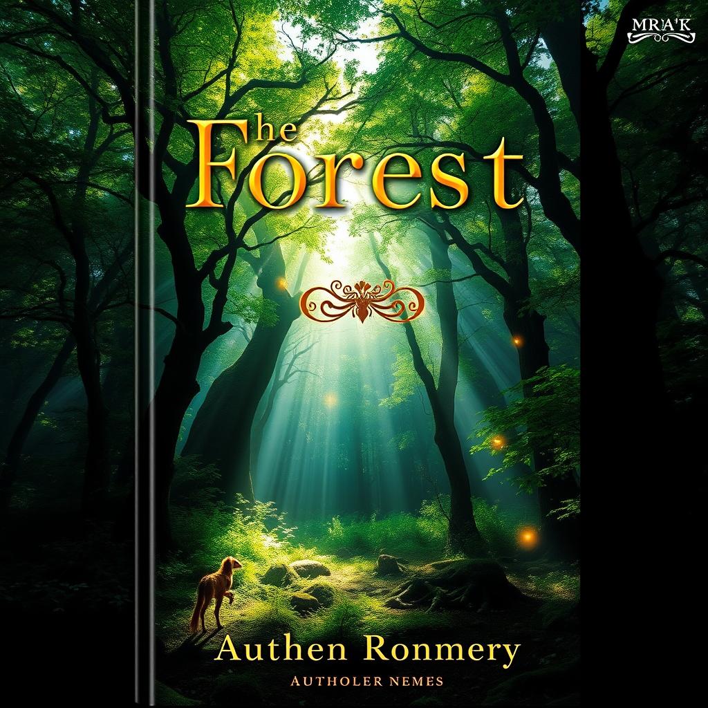 Create a captivating book cover that features a mysterious and magical forest, where the sunlight filters through lush green trees, casting enchanting shadows on the forest floor