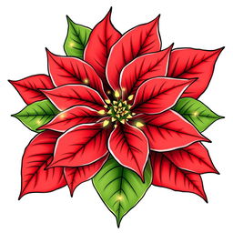 An elegant illustration of a beautifully adorned Christmas poinsettia, emphasizing its bright red petals and lush green leaves with clearly defined contours