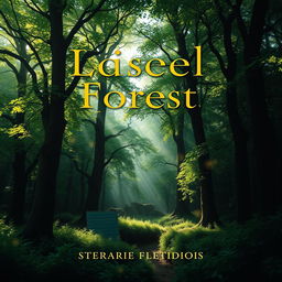 Create a captivating book cover that features a mysterious and magical forest, where the sunlight filters through lush green trees, casting enchanting shadows on the forest floor