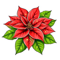 An elegant illustration of a beautifully adorned Christmas poinsettia, emphasizing its bright red petals and lush green leaves with clearly defined contours