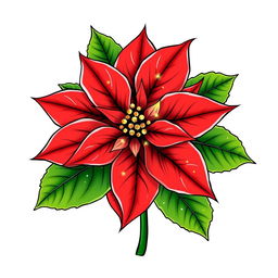 An elegant illustration of a beautifully adorned Christmas poinsettia, emphasizing its bright red petals and lush green leaves with clearly defined contours