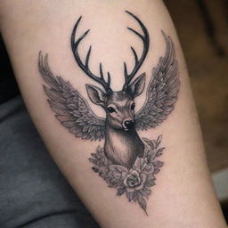 An elegant emblem-style tattoo featuring a majestic deer with intricate wings unfurled out in a grace.