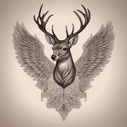 An elegant emblem-style tattoo featuring a majestic deer with intricate wings unfurled out in a grace.