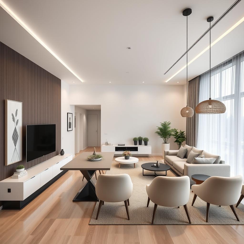 a modern living and dining room interior design with a stylish and cohesive look, featuring a large flat-screen television mounted on the wall