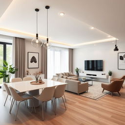 a modern living and dining room interior design with a stylish and cohesive look, featuring a large flat-screen television mounted on the wall