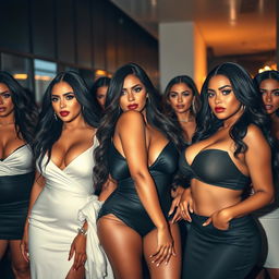 A group of attractive women with voluptuous figures, dressed in stylish and elegant attire, exuding confidence and charisma