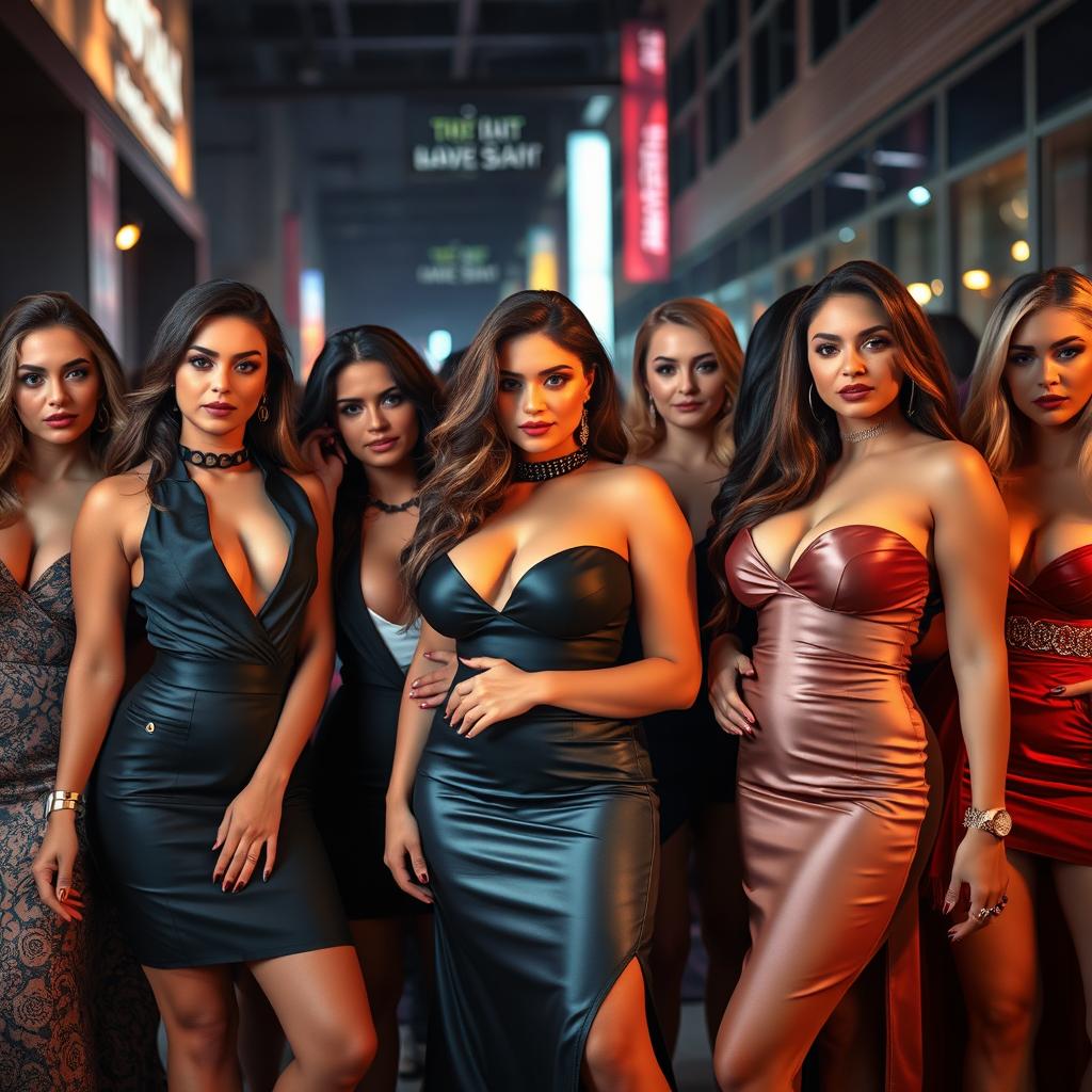 A group of attractive women with voluptuous figures, dressed in stylish and elegant attire, exuding confidence and charisma