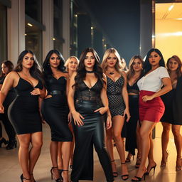 A group of attractive women with voluptuous figures, dressed in stylish and elegant attire, exuding confidence and charisma